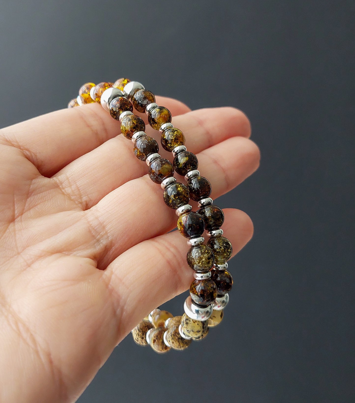 Double Beaded natural Amber bracelet for Men with Sterling Silver Exclusive Baltic gemstone bracelet