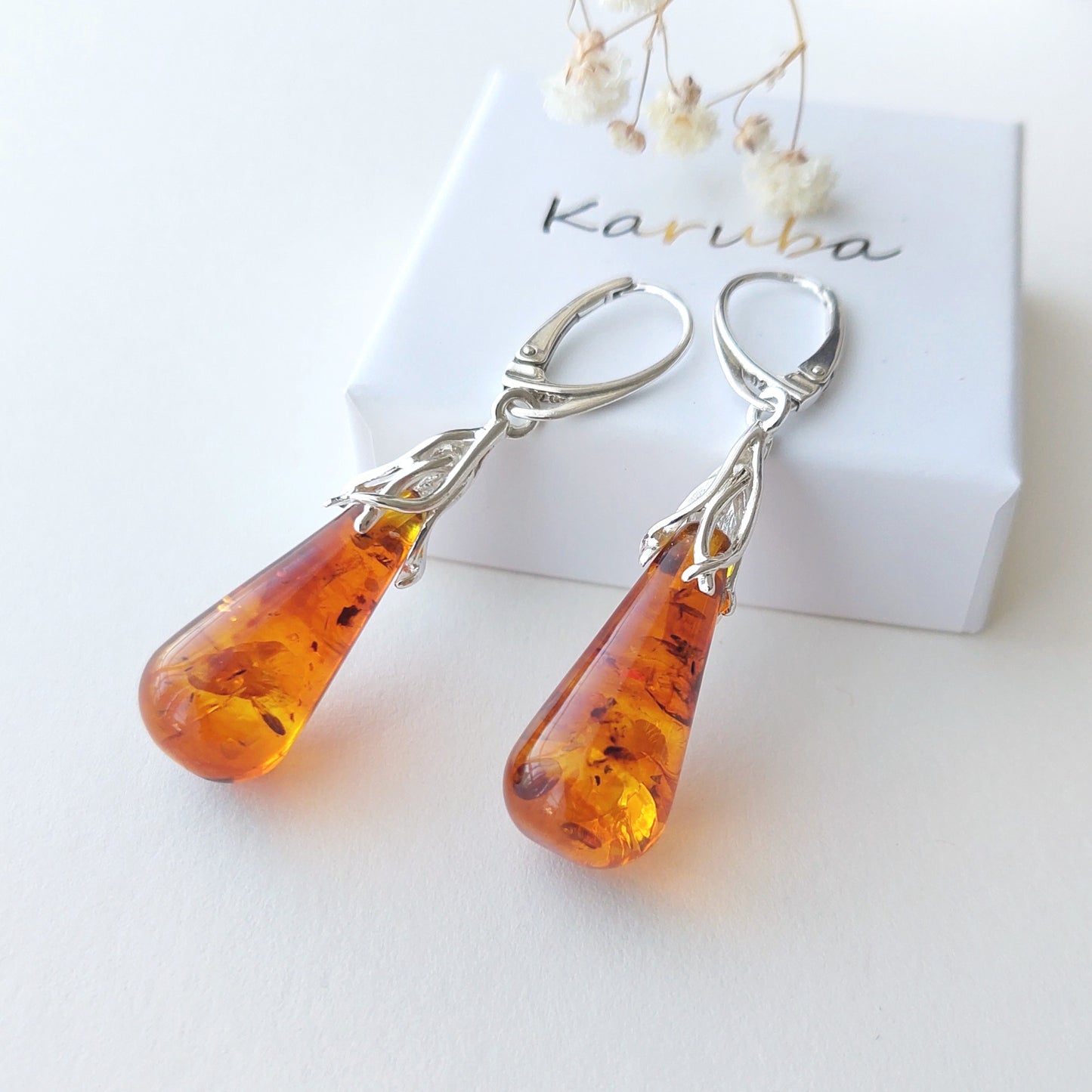Amber Drop Earrings with Silver, Natural Baltic Amber Jewelry, Gemstone long teardrop earrings, large earrings for women gem earrings gift