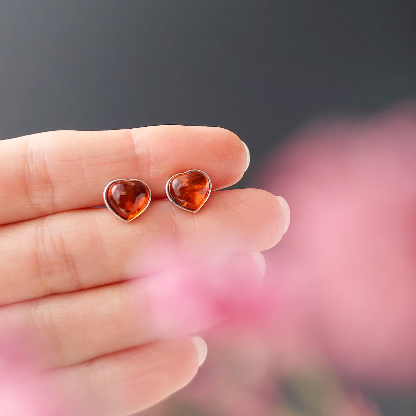 Amber Heart Stud Earrings in Sterling Silver