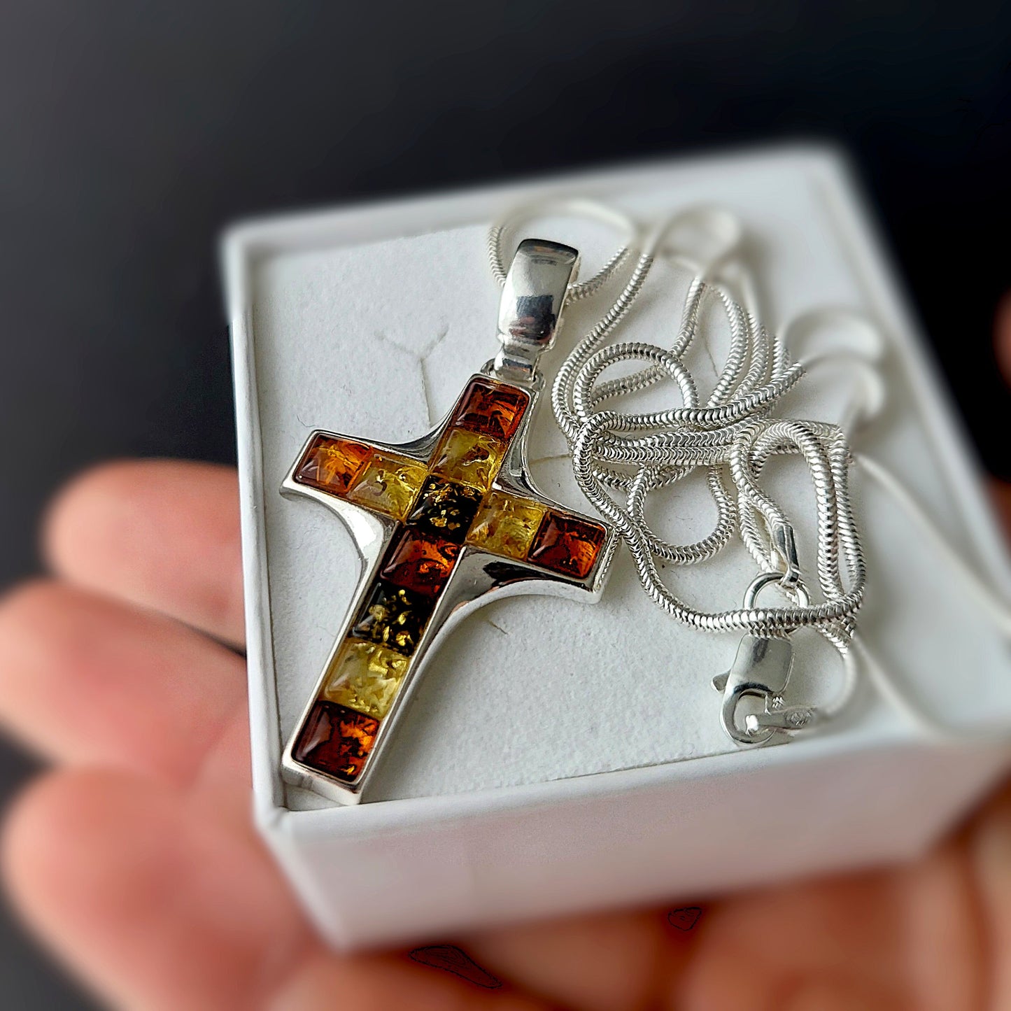 Sterling silver cross necklace with multicolor Baltic amber – handmade religious pendant on silver chain