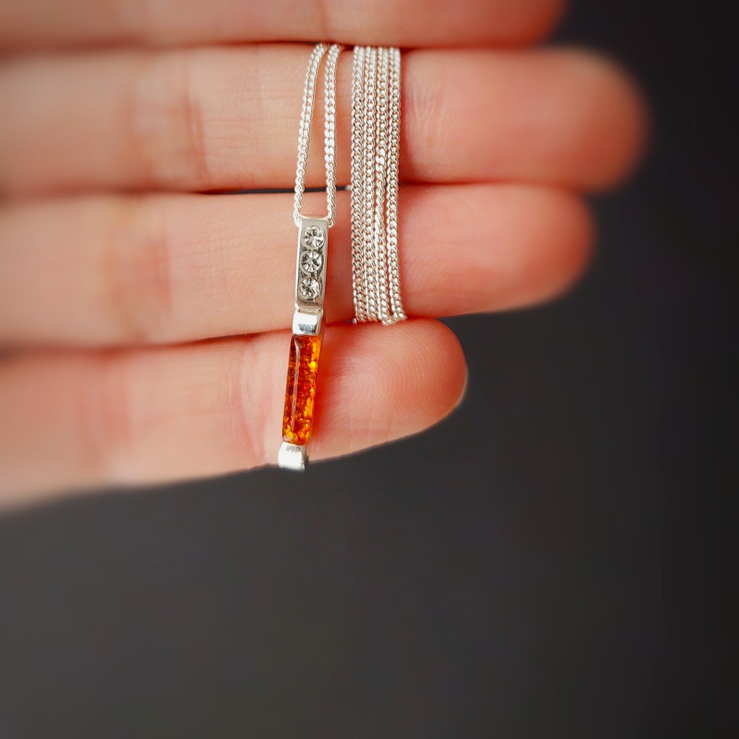 Baltic Amber Bar Necklace • Cognac Amber & Zircon Pendant • Healing Sterling Silver Jewelry • Gift for Her • Minimalist Amber Necklace