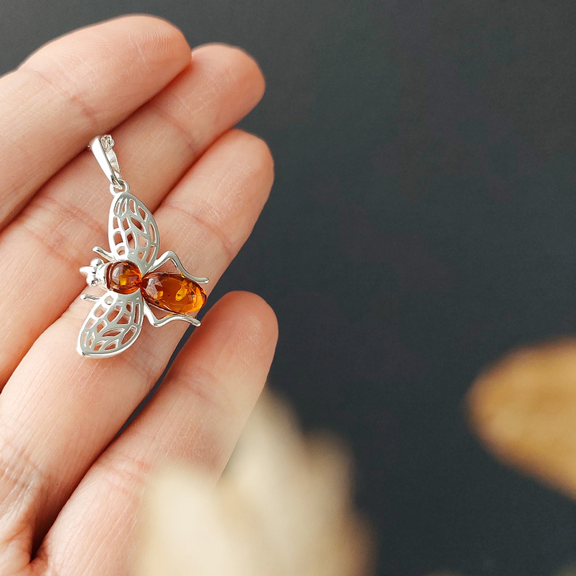Genuine Baltic Amber Bumble Bee Pendant – Cognac Stone In 925 Sterling Silver