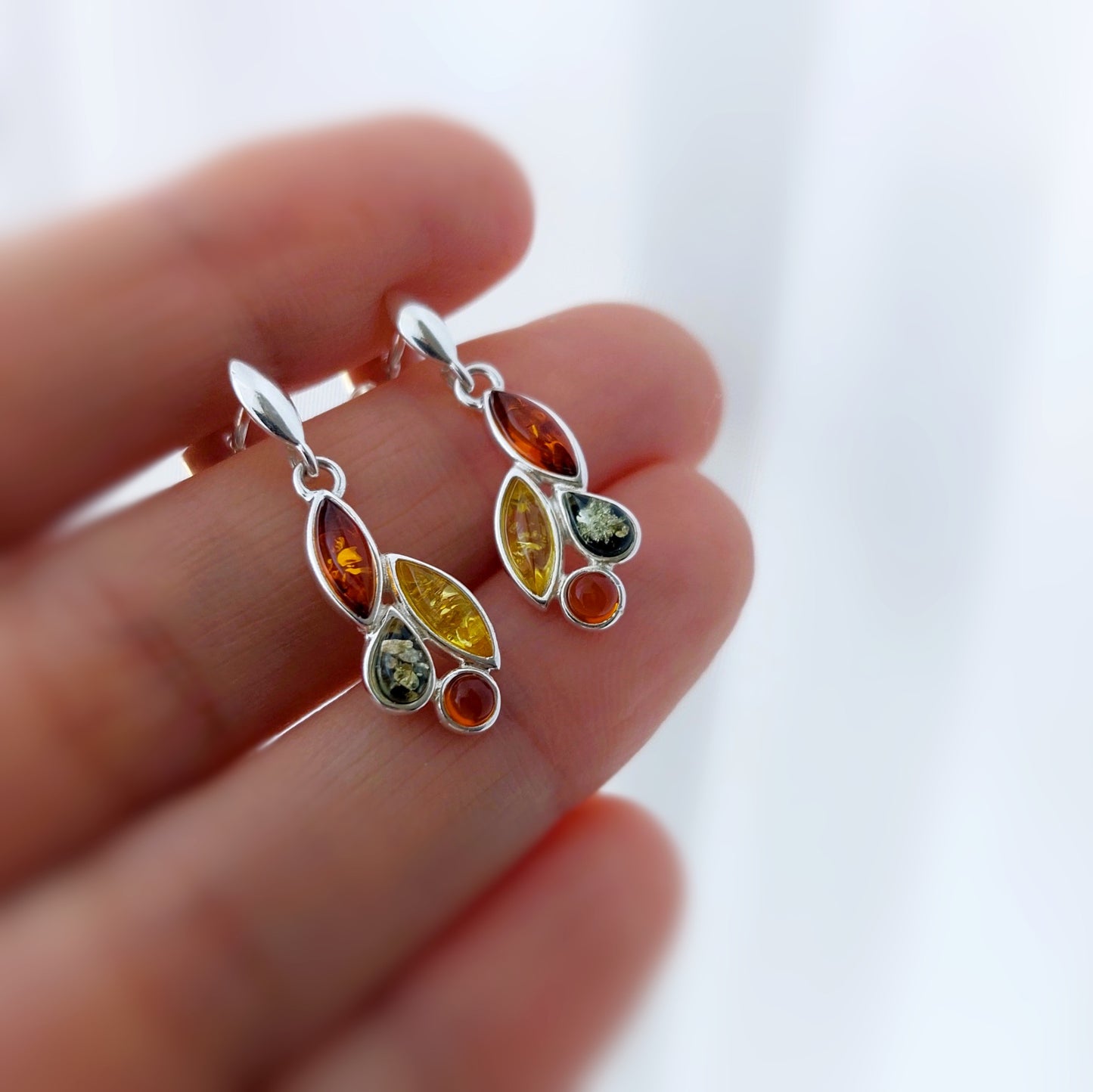 Sterling Silver Earrings with Amber, Natural Baltic Amber Jewelry, Silver studs colorful Leaf Amber gift for her