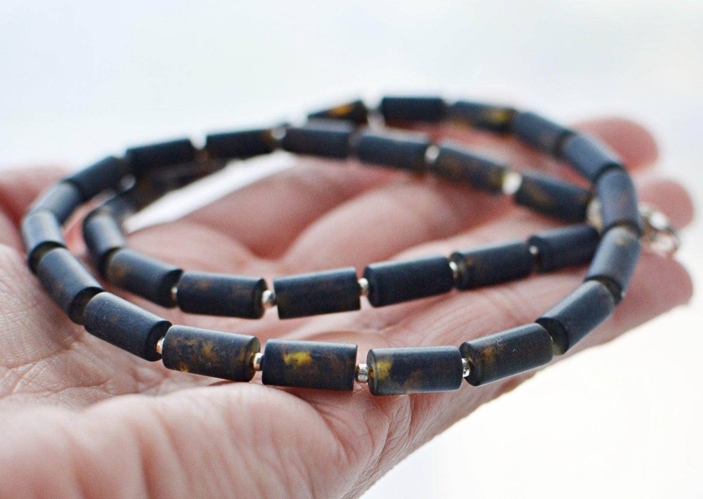 Black Amber Mens Necklace with Silver