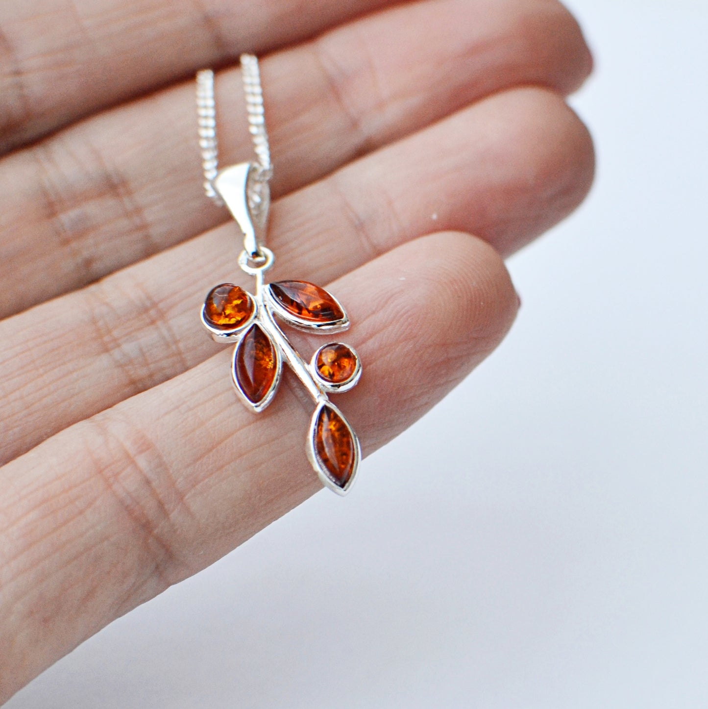 Delicate Silver Amber Necklace - Handmade Leaf Pendant with Baltic Amber Gem, Leaf Nature Necklace