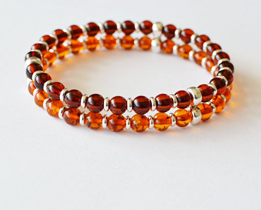 Double Beaded natural Amber bracelet for Men with Sterling Silver