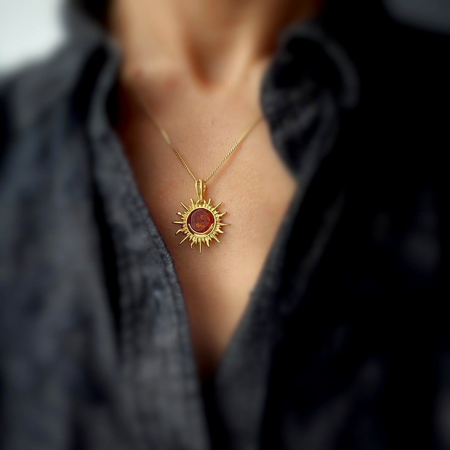 Gold Sun Pendant Necklace – Genuine Amber Jewelry, Celestial Sunburst Charm, Unique Handmade Gift for Her, Summer Sun Jewelry