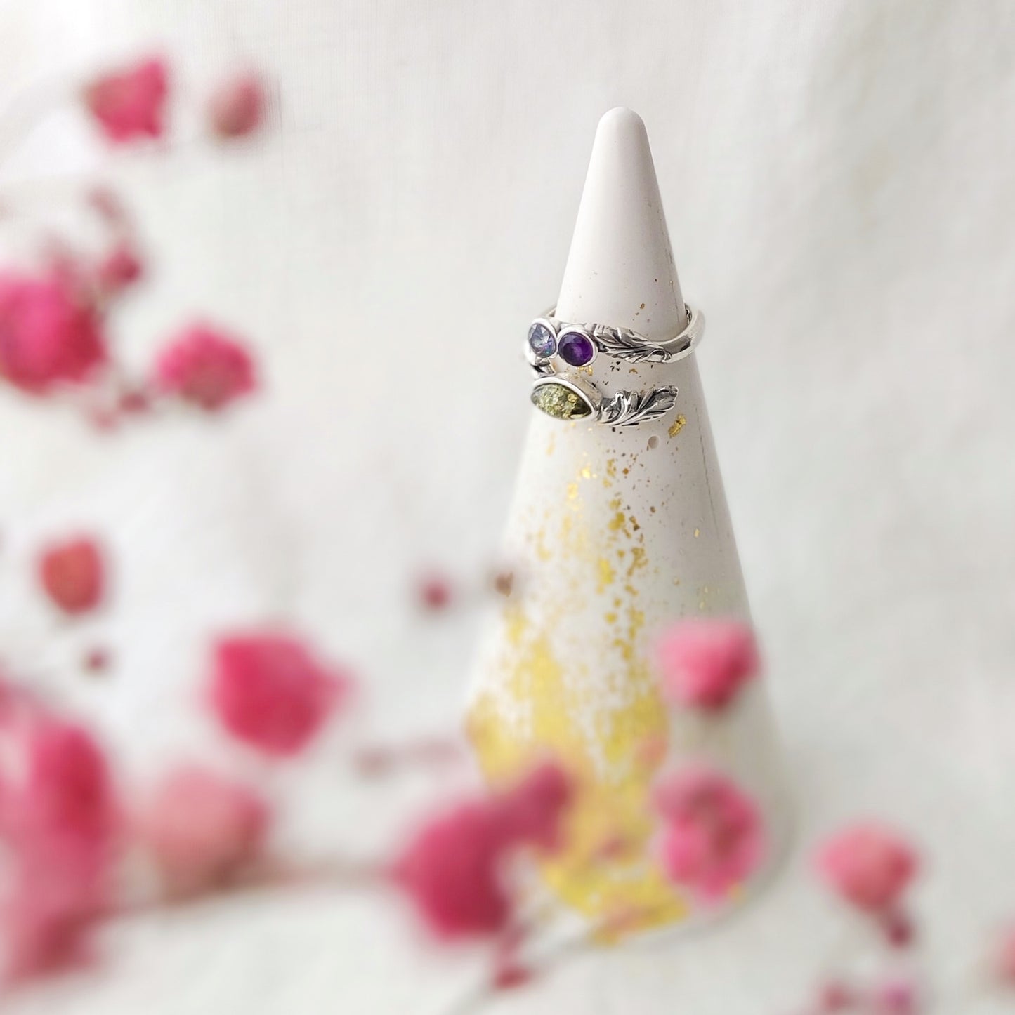 Green Amber Sterling Silver Ring with Amethyst and blue topaz