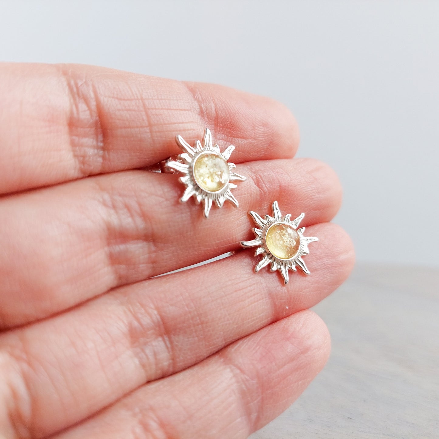 Suns with amber stone stud earrings, Small Sun Earrings, Boho earrings stud, Sun shape silver studs, Baltic amber earrings, amber gift Karuba Amber Jewelry