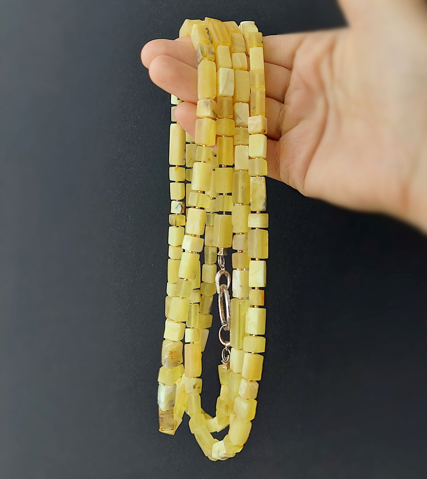 Long Modern Necklace with Matte Baltic Amber and 925 Silver Elements