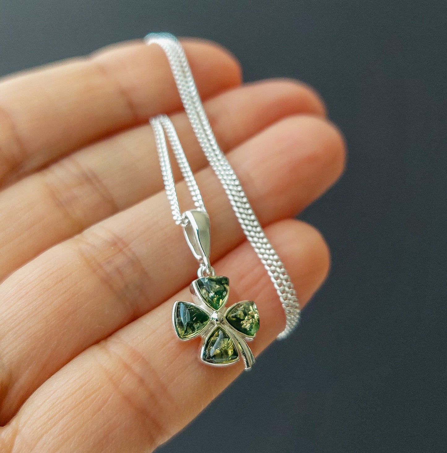 Shamrock Amber pendant in Sterling Silver, Four Leaf Clover necklace, Irish Flower Green pendant, silver Clover necklace Good Luck Gift