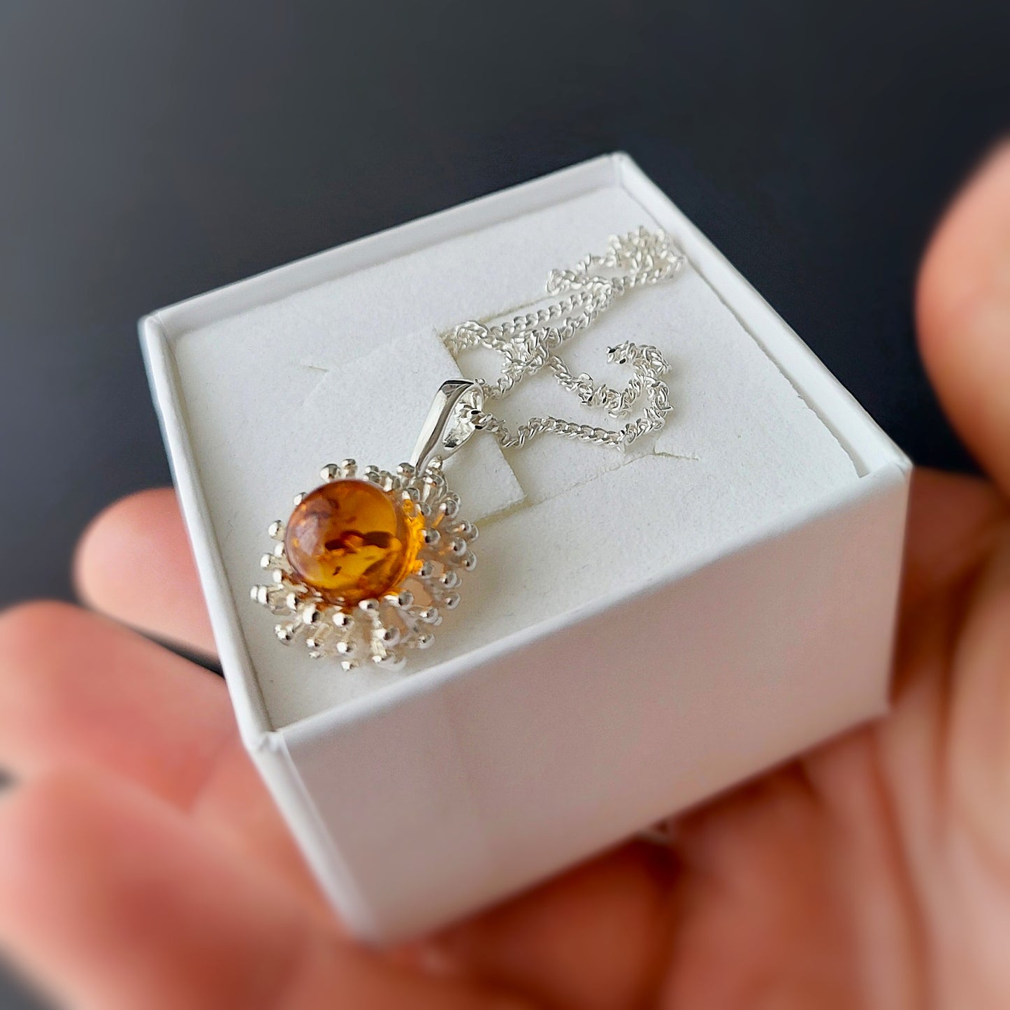 Modern Amber Flower Necklace | Sterling Silver 925 Pendant | Baltic Amber Jewelry Gift for Her | Nature Inspired Minimalist Necklace