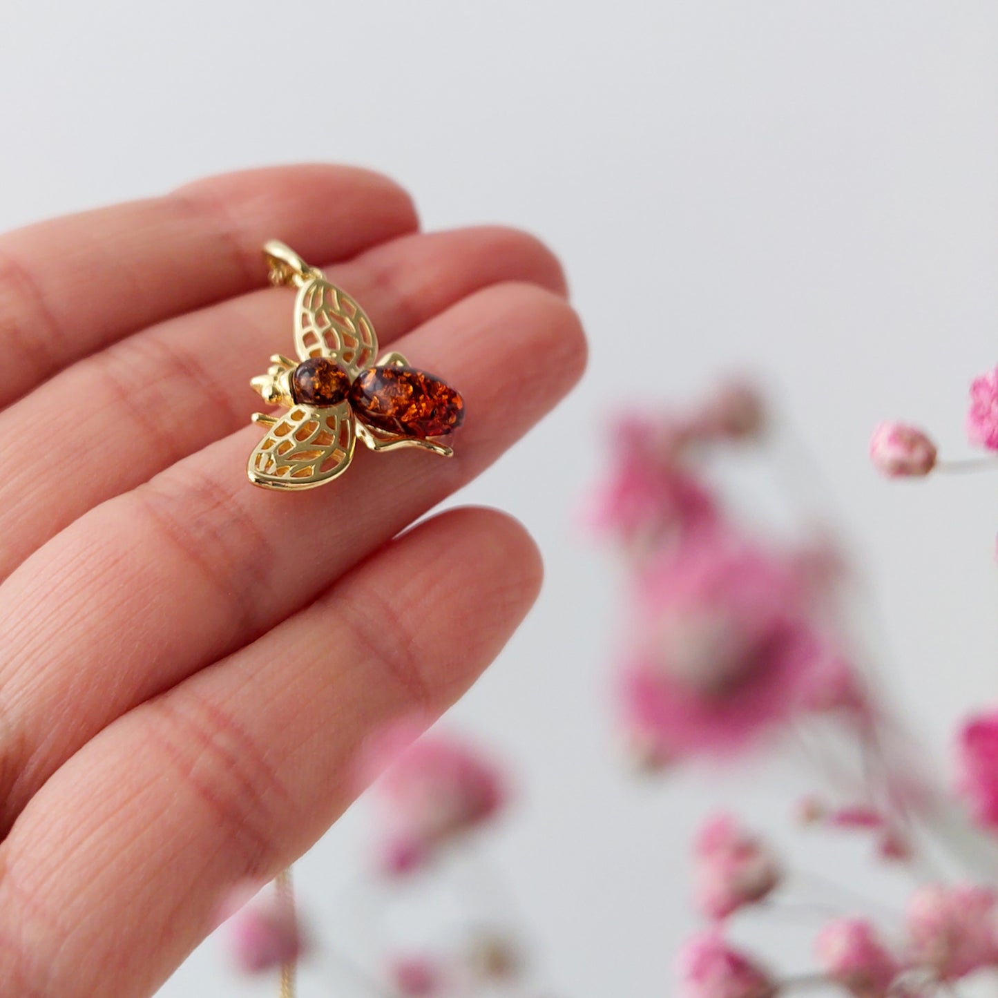 Natural Amber Gold Bee Necklace, Bee Jewelry in Sterling Silver and 24ct Gold Plate