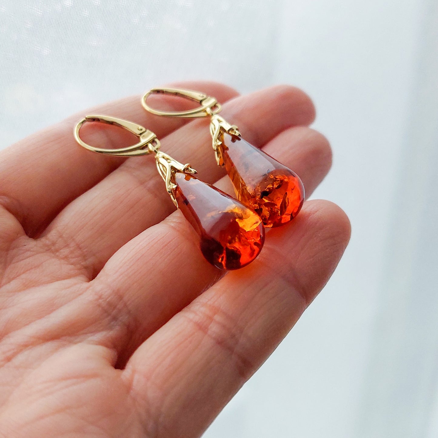Natural Baltic Amber Drop Earrings, Gold Plated Sterling Silver teardrop earrings, Sparkling Amber droplet with flakes, Cognac Color
Sparkling Amber earrings is good to wear for any everyday life occasion - vintage style.