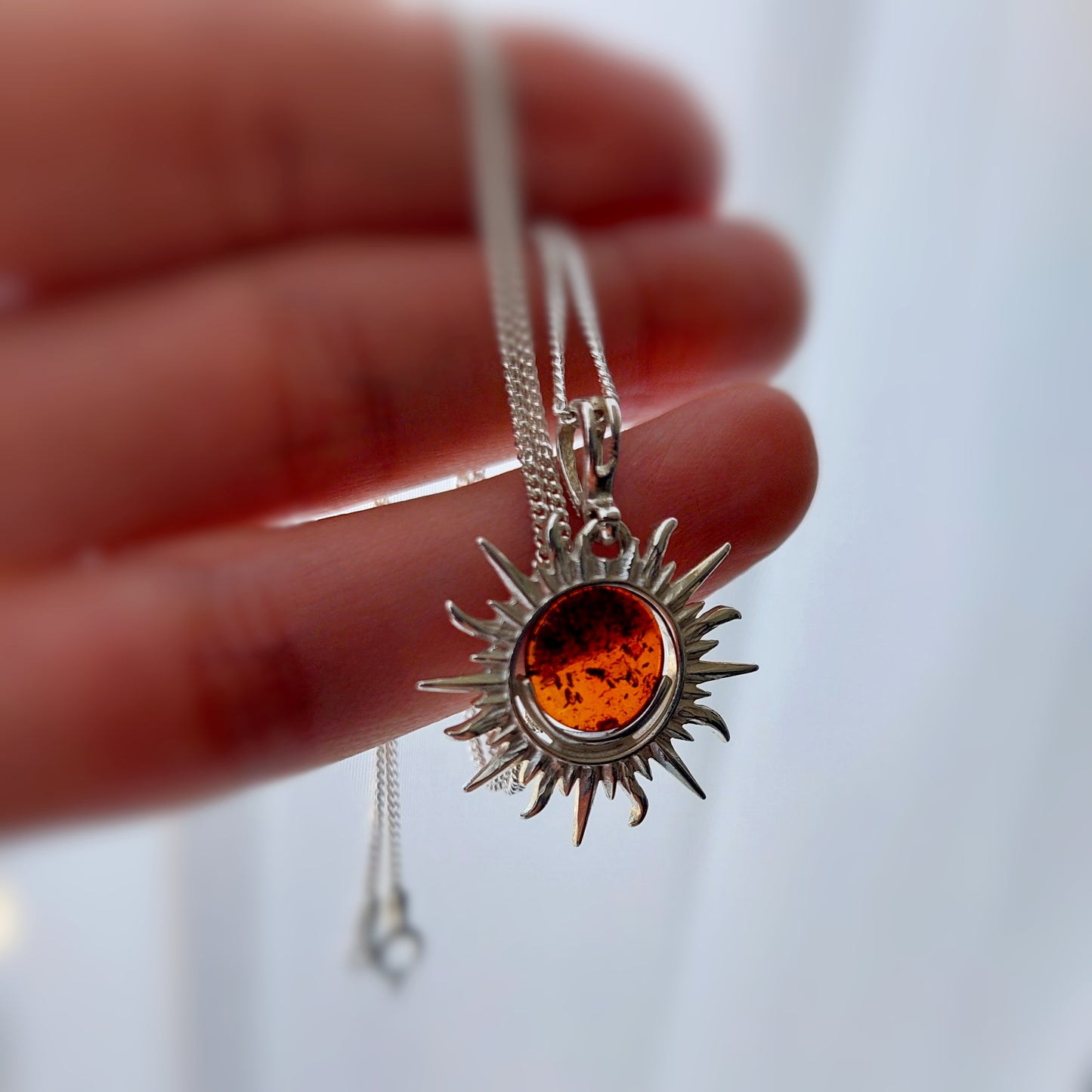 Sterling Silver Sun Pendant with Amber, Boho Solar Necklace, Handmade Sunburst Jewelry, Baltic Amber Jewelry Gift for Her