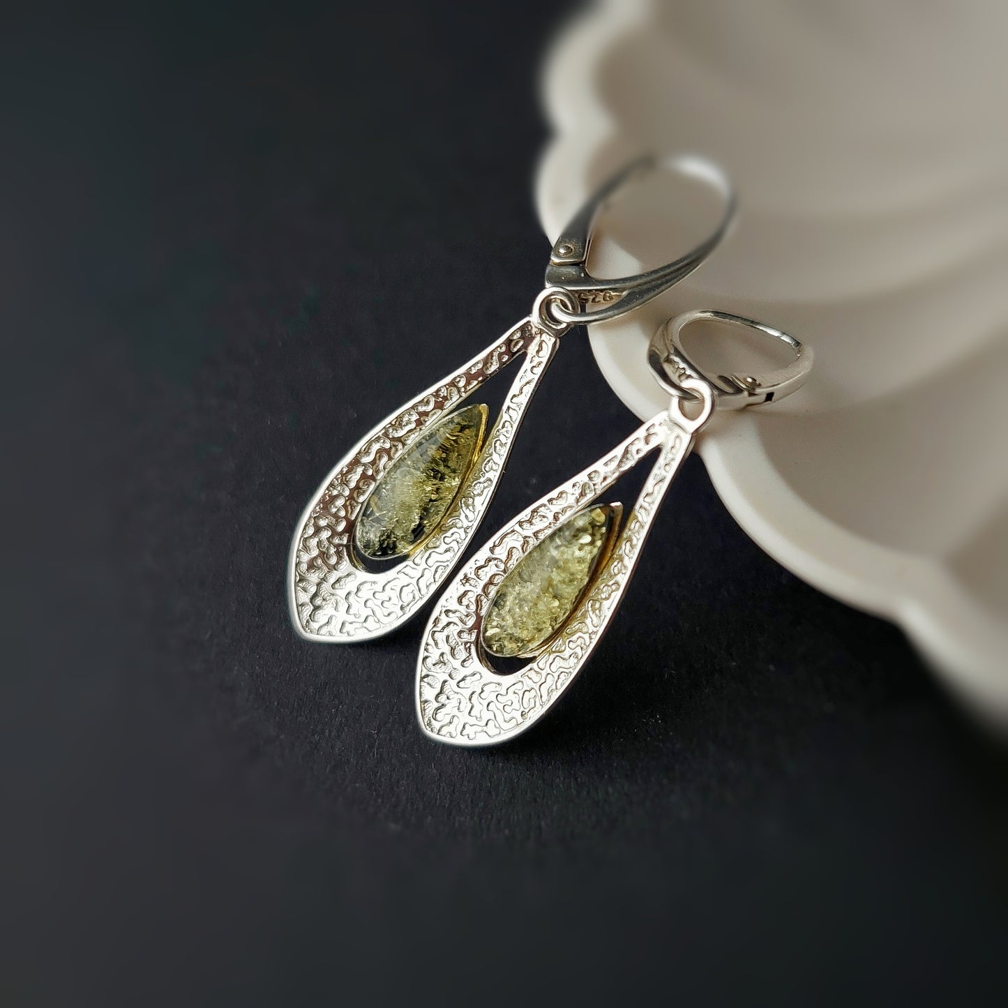 Green amber vintage earrings, vintage inspired jewelry, gift for her, unique Baltic amber earrings, classic everyday earrings