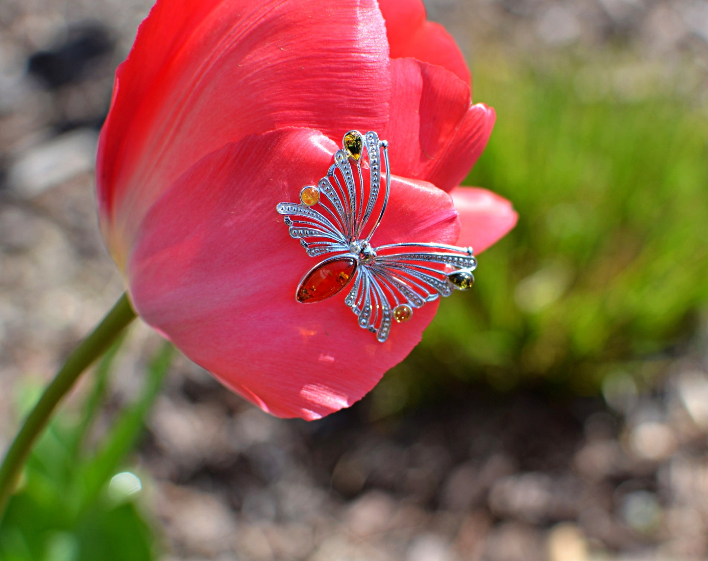 Amber Silver Butterfly Pin Brooch