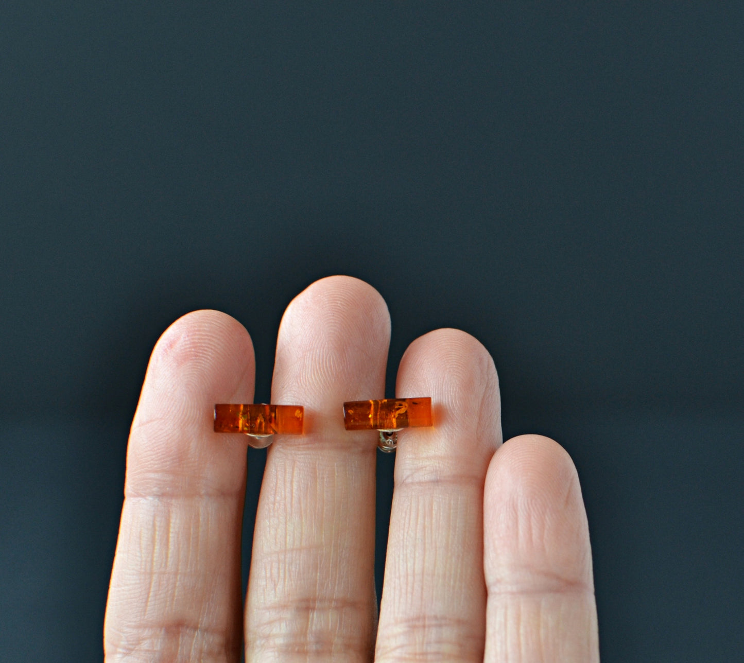 925 Silver Bar Amber Stud Earrings