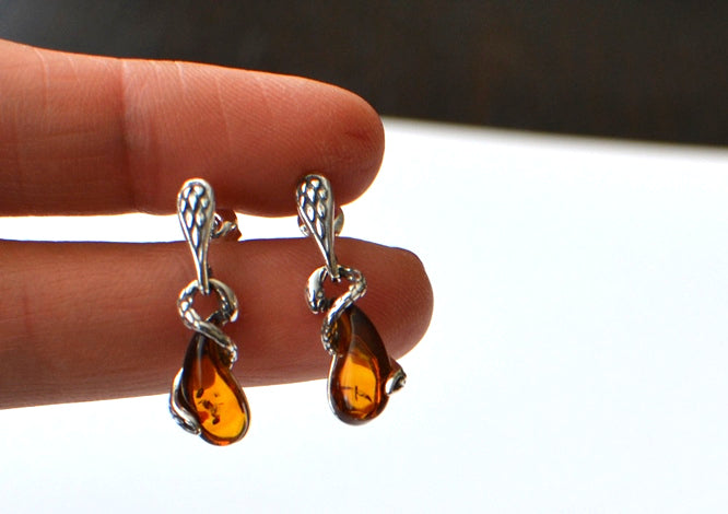 Silver Snake Amber Earrings