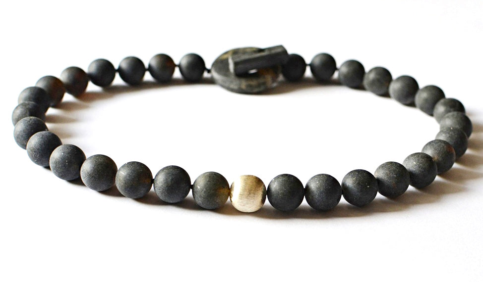 Statement Black Amber Necklace with Silver