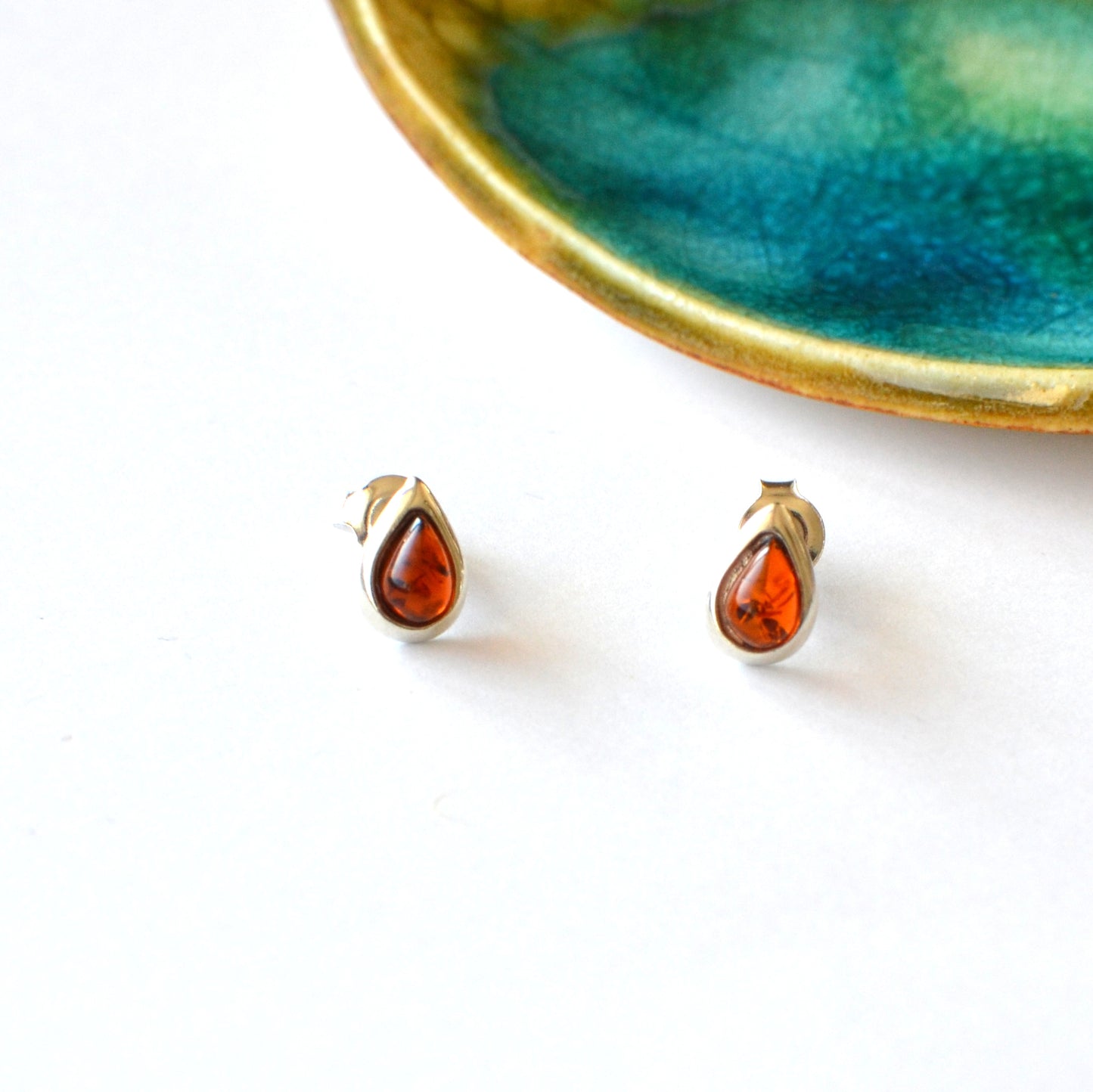 Amber and Sterling Silver Teardrop Stud Earrings