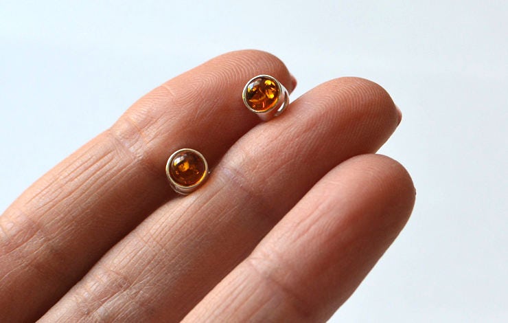 Modern Silver Amber Stud Earrings
