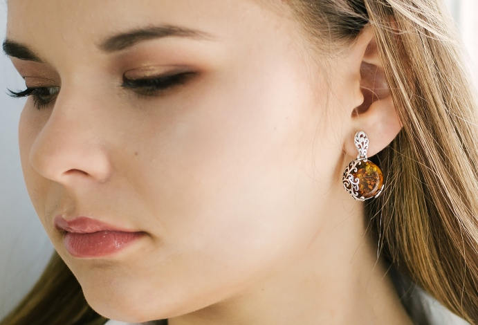 Handmade Baltic amber earrings in rich cognac color, set in sterling silver with floral design, elegant dangle jewelry, perfect gift for her