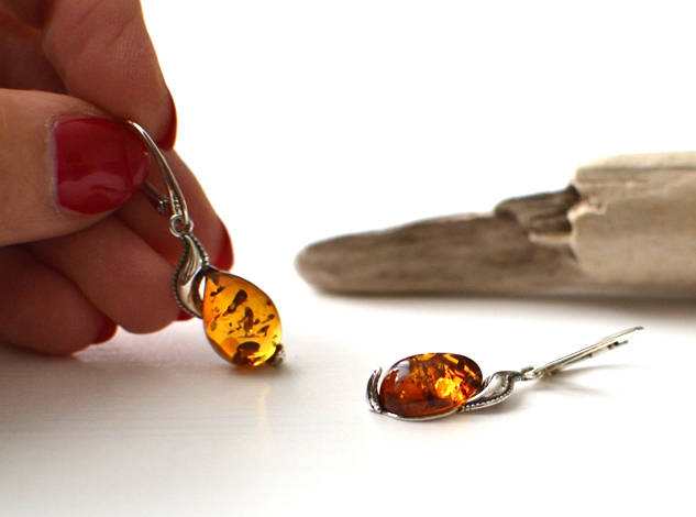 Silver Dangle Amber Earrings