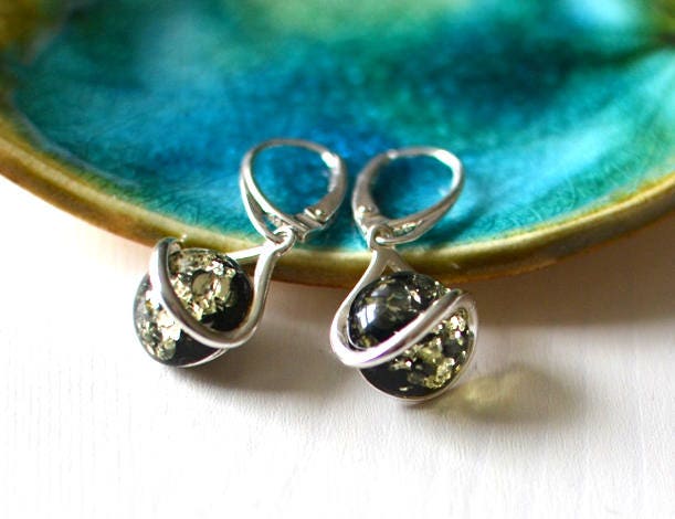 Green Amber Dangle Earrings