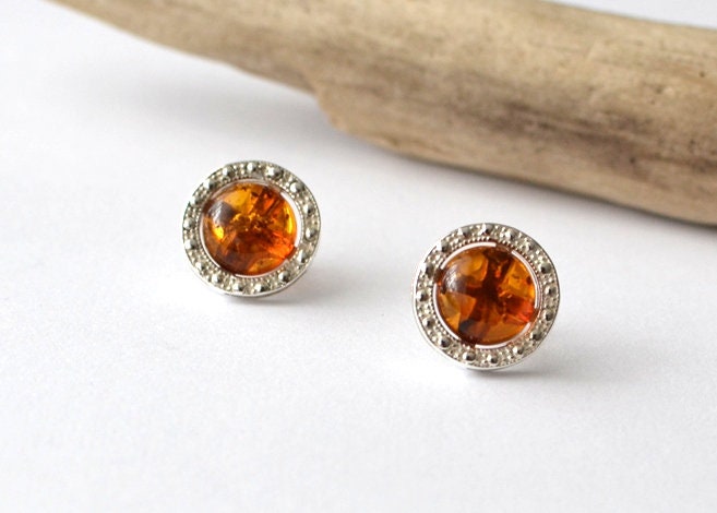 Silver stud Cognac Amber Earrings