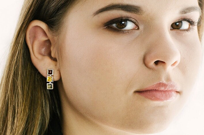 Colorful Amber Stud Earrings