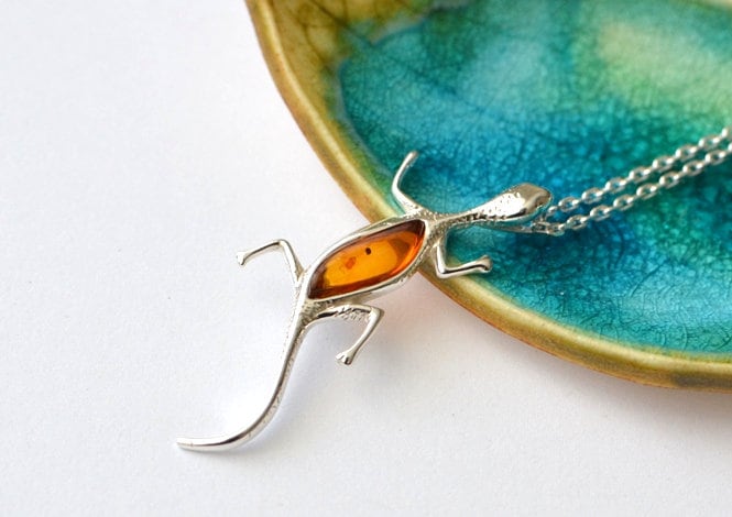 Sterling silver stone Lizard Gecko necklace, reptile jewelry amber necklace gift for her, silver chain gemstone necklace animal lover gift