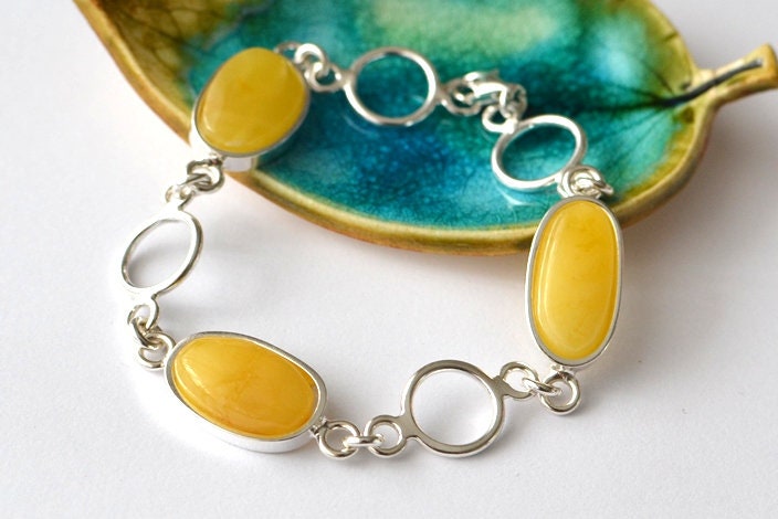 Natural stone Sterling Silver Bracelet, Untreated stone Bracelet, stone Jewelry, Egg Yolk stone Bracelet, Handmade amber chain bracelet