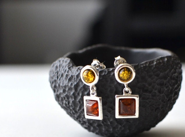 Geometric Amber Earrings with Silver