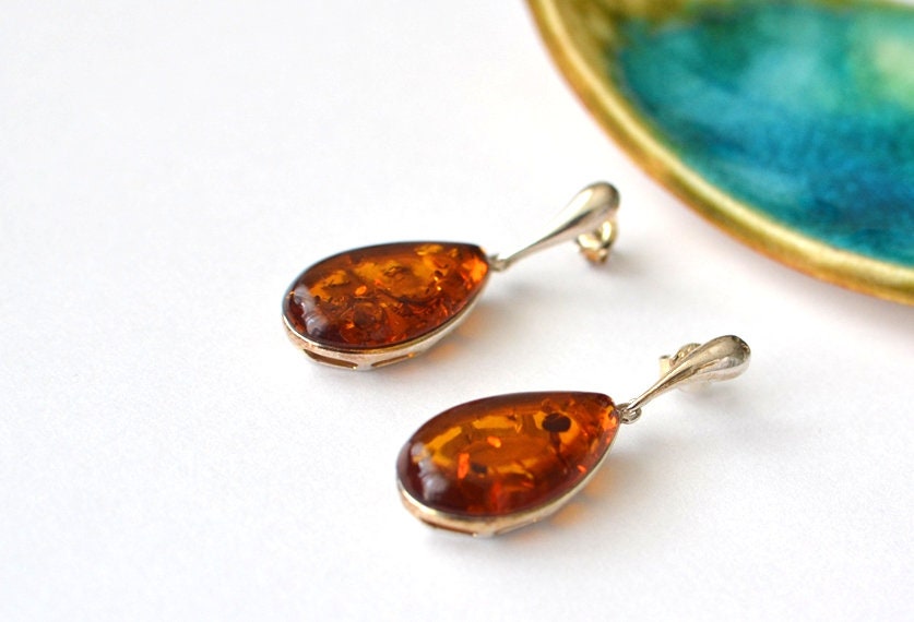 Amber Drop Silver Earrings