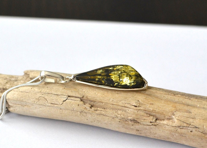 Green Amber Pendant Necklace
