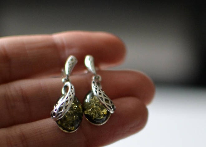 Green amber Stud Dangling Earrings