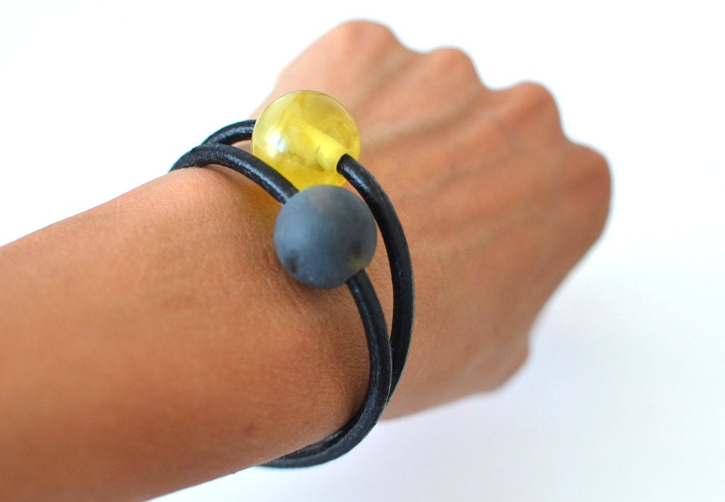 Black Leather Bracelet with Amber
