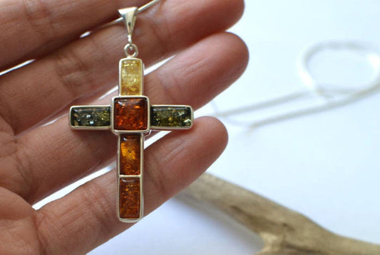 Mens Silver Sterling Cross Amber Necklace