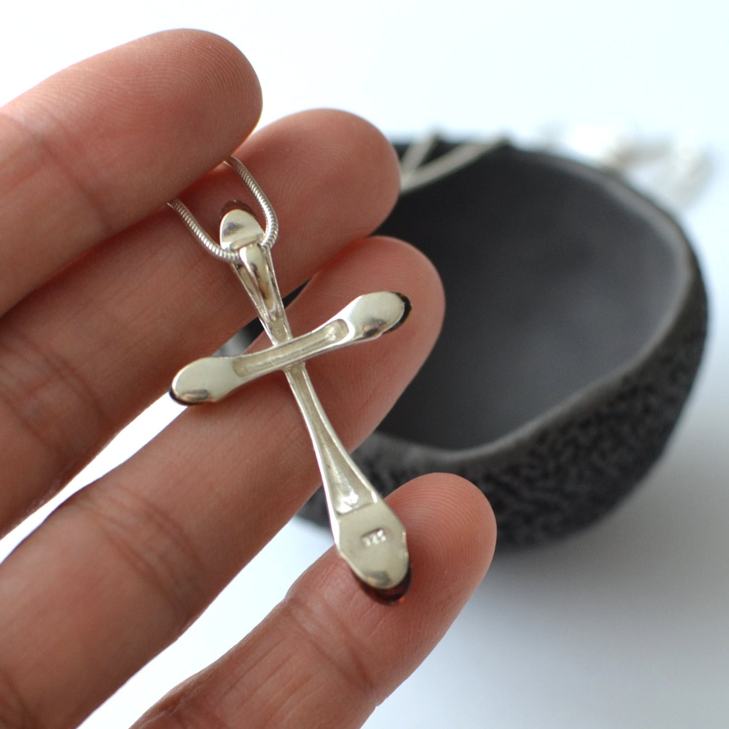 Silver Cross Necklace with Amber