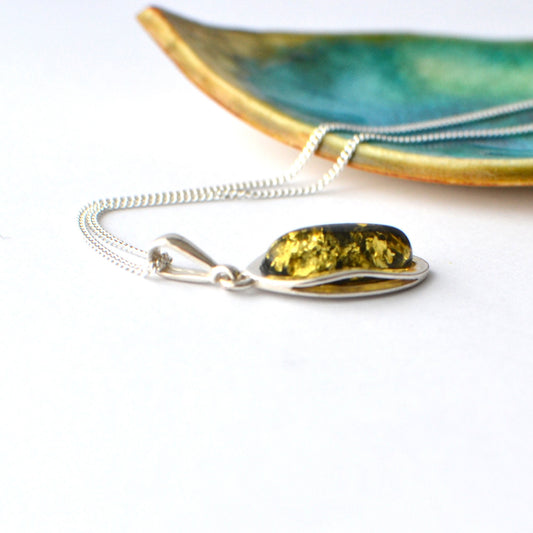 Green Amber Pendant with Silver