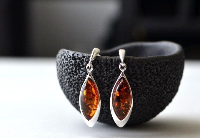 Silver Cognac Amber Drop Earrings