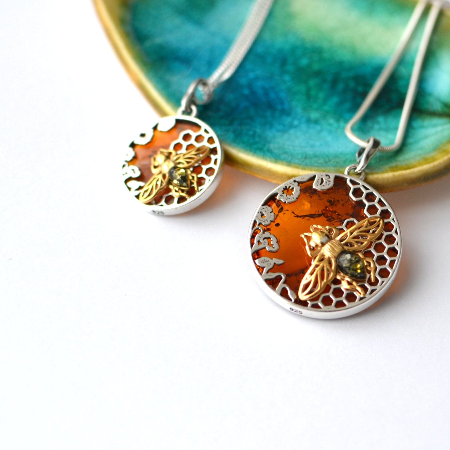 Amber Bee Necklace with Silver