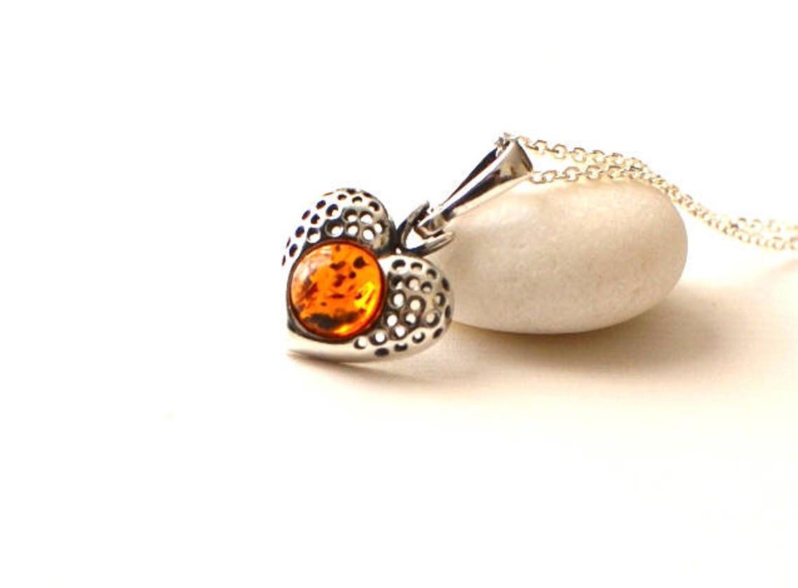Silver Heart Necklace with Amber
