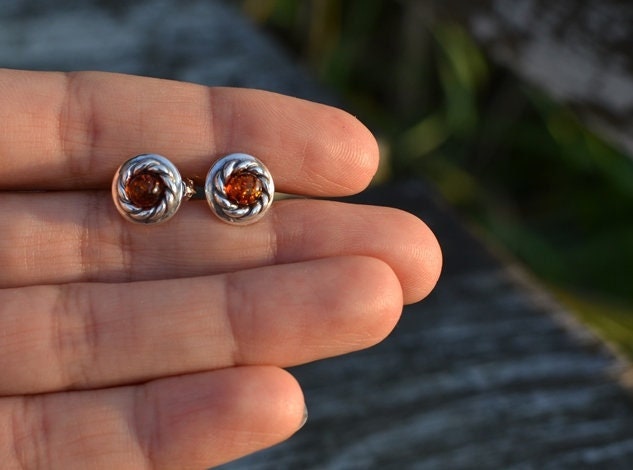 Sterling Silver Fower Stud Amber Earrings