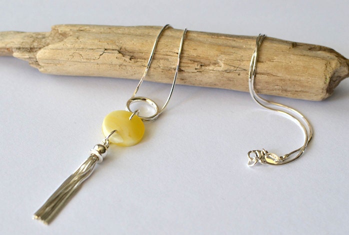 stone Necklace, Silver Tassel Necklace, stone Jewelry, Modern Necklace, Real amber, gift for wife, minimalist jewelry, necklace for mom