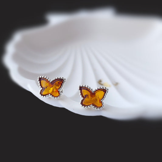 925 Sterling Silver butterfly stud earrings with cognac amber stones, minimalist nature-inspired jewelry, gift for her
