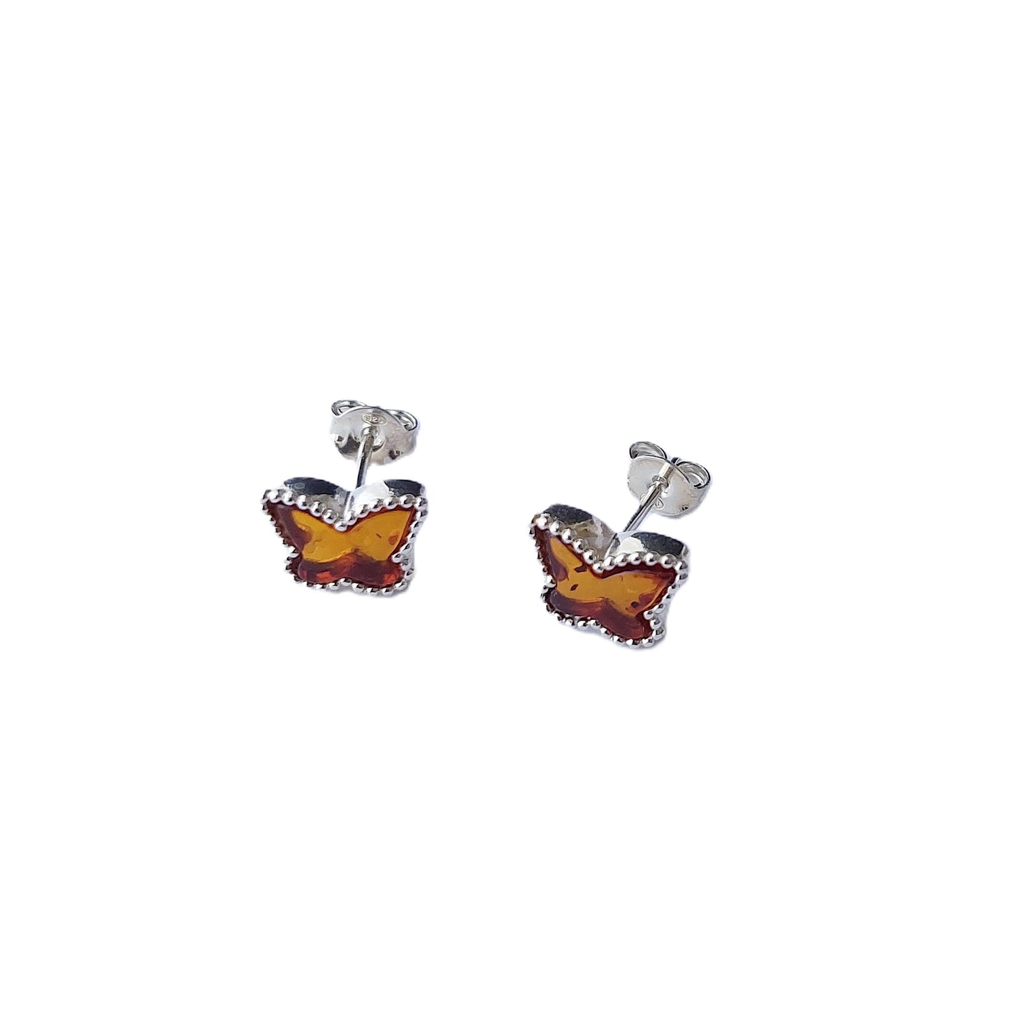 925 Sterling Silver butterfly stud earrings with cognac amber stones, minimalist nature-inspired jewelry, gift for her