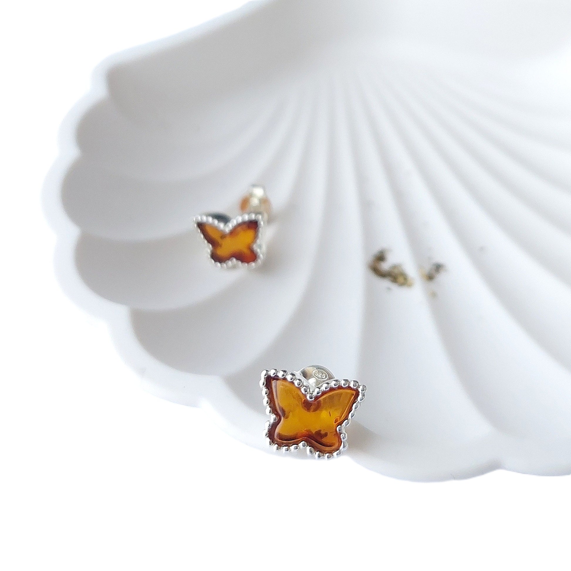 925 Sterling Silver butterfly stud earrings with cognac amber stones, minimalist nature-inspired jewelry, gift for her
