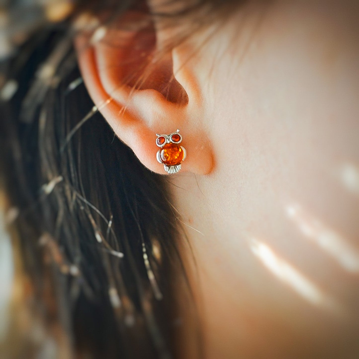 Amber Owl Earrings with Silver, Baltic Amber Jewelry, Sterling silver bird earrings, boho earrings, nature cute earrings birthday gift